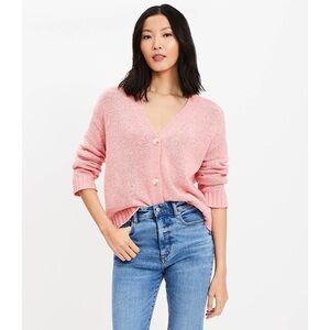 NWT Loft Easy V-Neck Cardigan Pink Button Front Soft Knit Classic Fit Spring